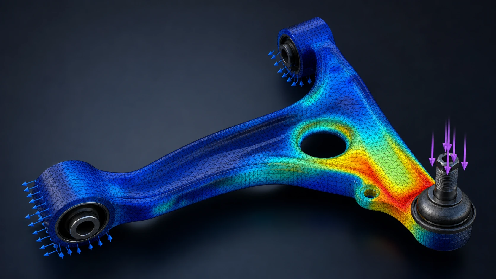 Mechanical component with mesh, load conditions and an illustrative stress distribution